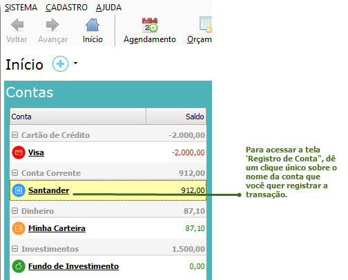 Acesso à tela Registro de Conta